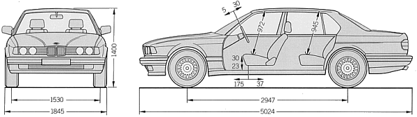 Abmessungen (Seitenansicht) der BMW 7er-Reihe (E32) in der Langversion