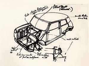Mini Prototyp Projektzeichnung. Handskizze des „Mini-Vaters” Alec Issigonis, 1958
