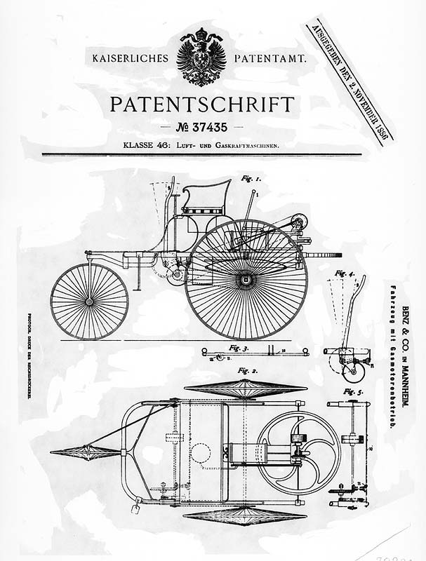 Am 29. Januar 1886 erhielt Karl Benz unter der Nummer 37435 das deutsche Patent auf sein Motorfahrzeug. Diese Patentschrift markiert den Beginn des Automobilismus.