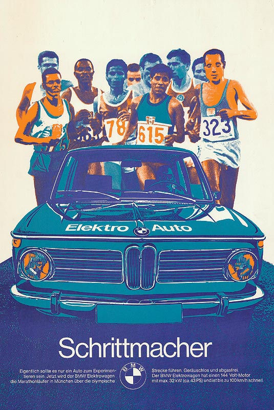 Plakat Schrittmacher BMW 1602 mit Elektromotor bei der Olympiade 1972