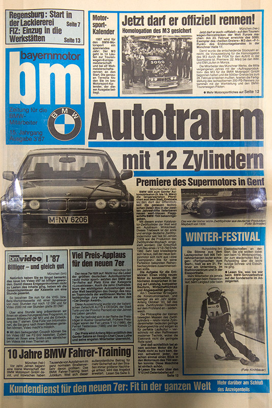 eine BMW-Mitarbeiterzeitung berichtete 1987 �ber die zweite BMW 7er-Reihe E32 mit V12 Motor
