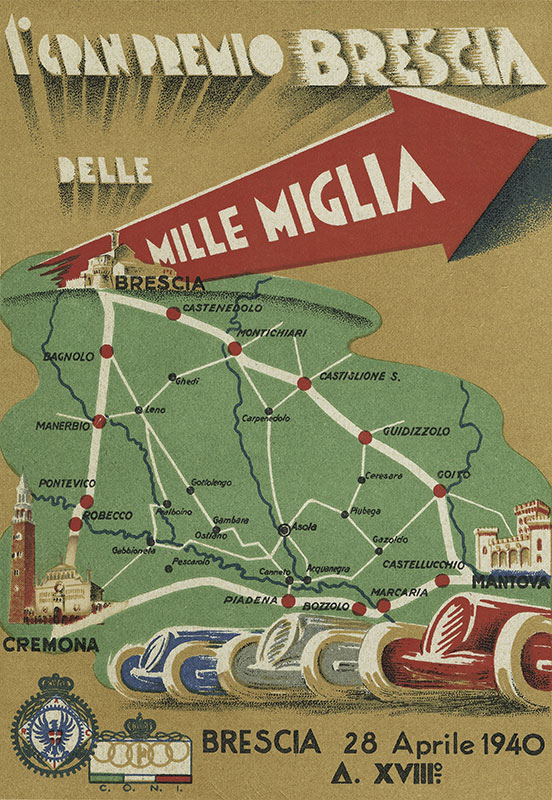 Plakat - Offizielles Veranstaltungsplakat zum I. Gran Premio Brescia delle Mille Miglia, 28.04.1940