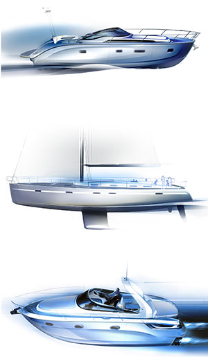 Design Skizzen fr BAVARIAs Deep Blue 46 Open, Cruiser 55 und Sport 28