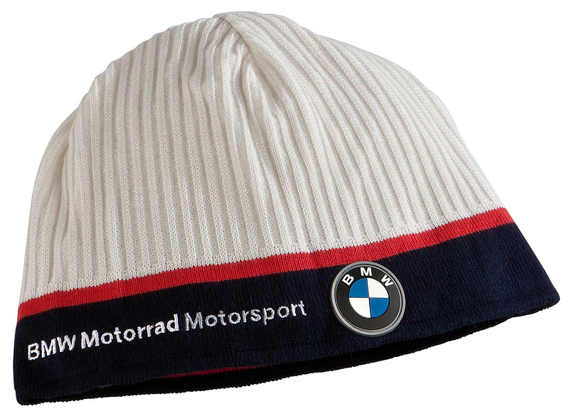 Strickmtze Motorsport, auen Strick und innen Jersey, in den Farben Blau/Wei/Rot, mit BMW Logo und BMW Motorrad Motorsport Schriftzug