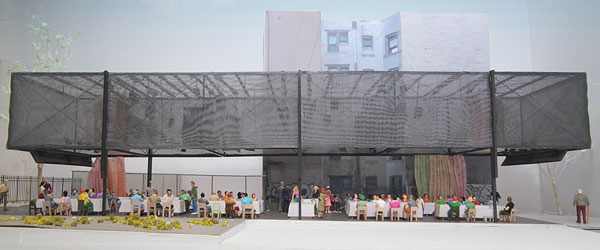 Das BMW Guggenheim Lab, Architekturmodell erstes Lab, New York City, Blick von der Houston Street, Kulisse für ein Abendessen, Photo: courtesy Atelier Bow-Wow