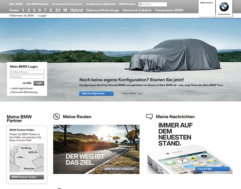 BMW.de Website, Screenshot: Mein BMW Login (Dezember 2012)