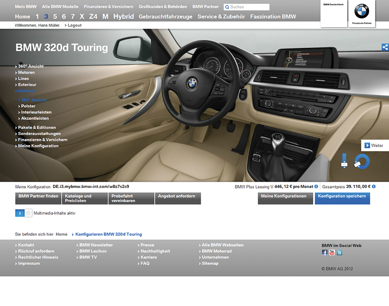 BMW.de Website, Screenshot: Konfigurator Interieur (Dezember 2012)