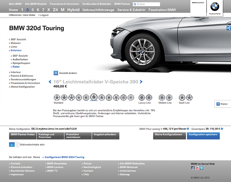 BMW.de Website, Screenshot: Konfigurator Felge (Dezember 2012)
