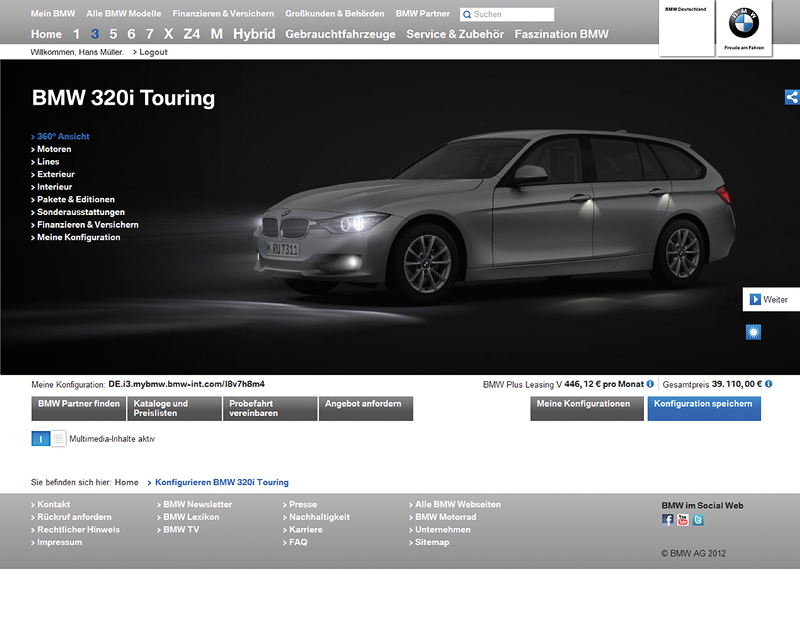 BMW.de Website, Screenshot: Konfigurator Nachtsicht (Dezember 2012)