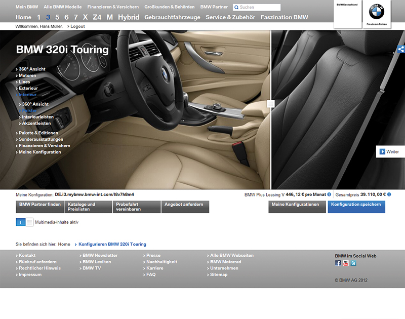 BMW.de Website, Screenshot: Konfigurator Interieur Splitscreen (Dezember 2012)