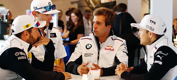 Hockenheim, 2. Mai 2015. BMW Motorsport, Timo Glock (DE), Marco Wittmann (DE), Antonio Felix da Costa (PT) und Tom Blomqvist (GB).