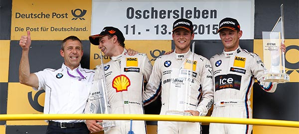 Oschersleben, 13. September 2015. Rennen 14, Bart Mampaey (BR) Team Chef BMW Team RBM, Zweitplatzierter Augusto Farfus (BR), Gewinner Tom Blomqvist (GB) und Drittplatzierter Marco Wittmann (DE).