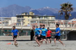 Timo Glock, Maxime Martin (BE), Marco Wittmann, Antonio Felix da Costa (PT) and Bruno Spengler (CA) beim Beach-Fußball