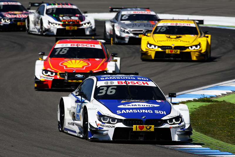 Hockenheim, 8. Mai 2016. Rennen 2, Maxime Martin (BE) im BMW M4 DTM, Augusto Farfus (BR) im Shell BMW M4 DTM und Timo Glock im DEUTSCHE POST BMW M4 DTM.