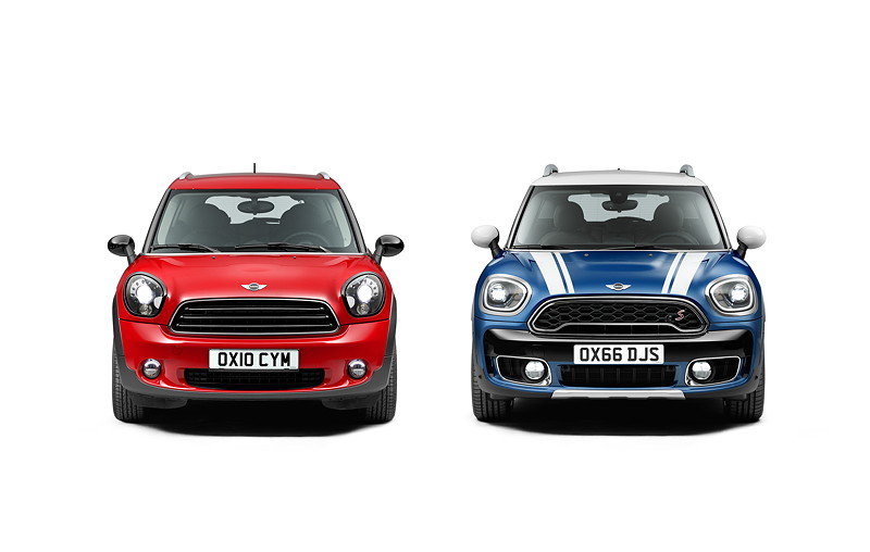 MINI Countryman, erste und zweite Generation: Modell R60 (rot) und Modell F60 (blau)