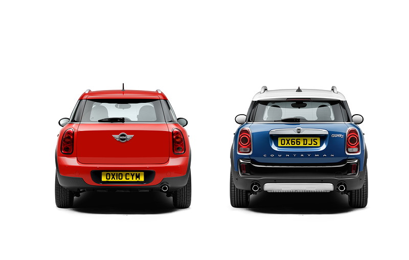 MINI Countryman, erste und zweite Generation: Modell R60 (rot) und Modell F60 (blau)