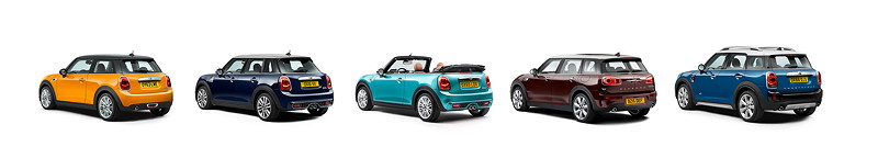 Die MINI Familie; MINI 3-Tierer, MINI 5-Tuerer, MINI Cabrio, MINI Clubman und MINI Countryman