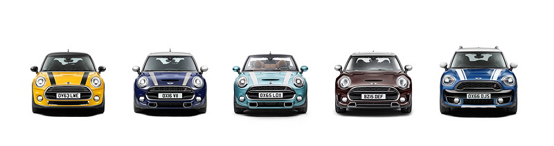 Die MINI Familie; MINI 3-Tierer, MINI 5-Tuerer, MINI Cabrio, MINI Clubman und MINI Countryman
