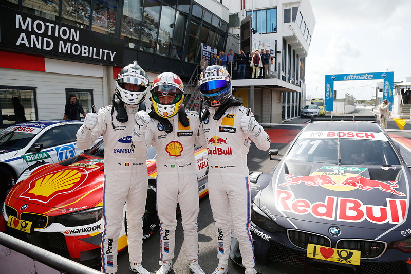 Zandvoort (NED), 20. August 2017. DTM Rennen 12. Drittplatzierter Fahrer Maxime Martin (BEL), Pole Setter Augusto Farfus (BRA) und Zweitplatzierter Fahrer Marco Wittmann.