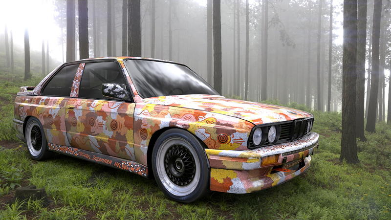BMW Art Car von Michael Jagamara Nelson, BMW M3, 1989, Augmented Reality. Bildrechte mit freundlicher Genehmigung des Kuenstlers und Acute Art in Zusammenarbeit mit BMW Group Culture.