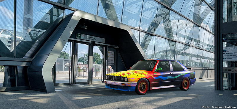 BMW Art Car von Ken Done, BMW M3, 1989, Augmented Reality. Bildrechte mit freundlicher Genehmigung des Kuenstlers und Acute Art in Zusammenarbeit mit BMW Group Culture. 