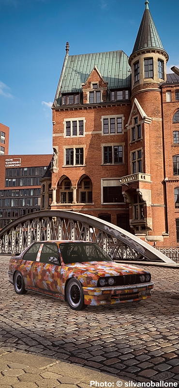 BMW Art Car von Michael Jagamara Nelson, BMW M3, 1989, Augmented Reality. Bildrechte mit freundlicher Genehmigung des Kuenstlers und Acute Art in Zusammenarbeit mit BMW Group Culture. 