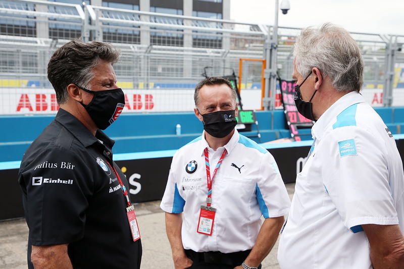 New York (USA), 08.-11.07.2021. ABB FIA Formula E World Championship, New York E-Prix, Michael Andretti (USA), CEO BMW i Andretti Motorsport, Roger Griffiths (GBR) Teamchef BMW i Andretti Motorsport und J.F. Thormann (USA), BMW i Andretti Motorsport.
