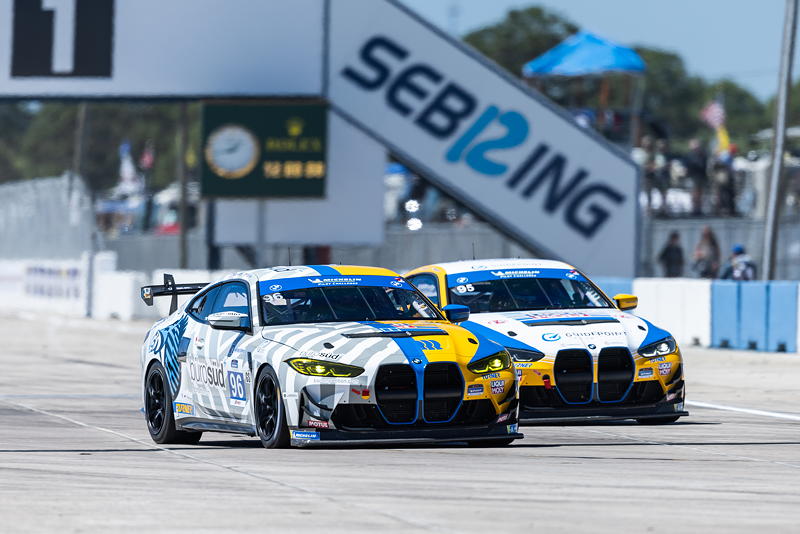 Sebring (USA), 15.-18.03.2023, IMSA WeatherTech SportsCar Championship, 12h von Sebring. #96 BMW M4 GT4, Robby Foley, Vin Barletta (both USA), #95 BMW M4 GT4, Robert Megennis, Cameron Lawrence (beide USA).