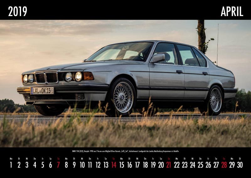 7-forum.com Wandkalender 2019, Motiv April: BMW 750i (E32), Baujahr 1990 von Oliver fuffi_lwl, Aufnahmeort: Landgestt des Landes Mecklenburg-Vorpommern in Redefin
