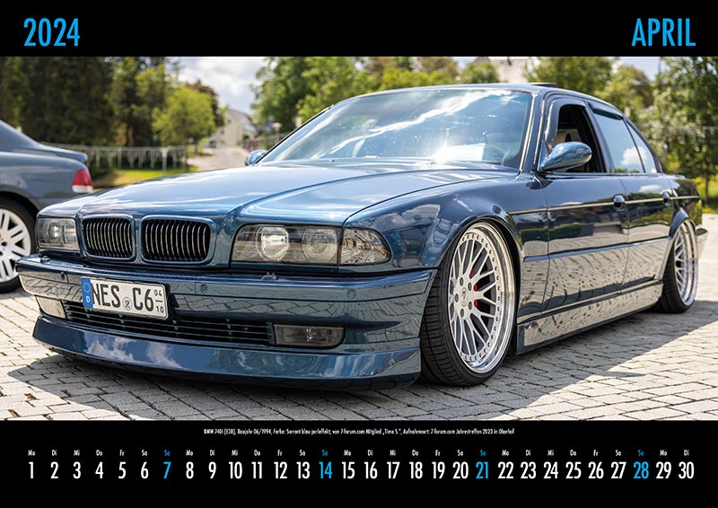 7-forum.com Kalender 2024 - April: BMW 740i (E38), Baujahr 06/1994, Farbe: Sorrent blau perleffekt, von 7-forum.com Mitglied 'Timo S.', Aufnahmeort: 7-forum.com Jahrestreffen 2023 in Oberhof