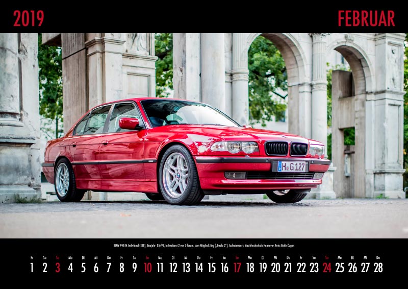 7-forum.com Wandkalender 2019, Motiv Februar: BMW 740i M Individual (E38), Baujahr 05/1999, Farbe: Imolarot 2, von Jrg (Imola 2), Aufnahmeort: Musikhochschule Hannover, Foto: Bekir zgen