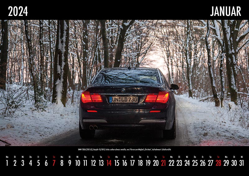 7-forum.com Kalender 2024 - Januar: BMW 730Ld (F02 LCI), Baujahr 12/2012, Farbe: carbon-schwarz metallic, von 7-forum.com Mitglied 'Christian', Aufnahmeort: Schalksmhle