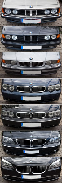 Fronten aller fünf BMW 7er-Generationen beim Rhein-Ruhr-Stammtisch im August 2011