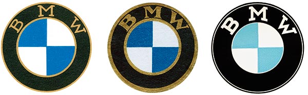 BMW Bildzeichen in chronologischer Reihenfolge: 1917, 1933, 1954, 1974, 1979, 2007