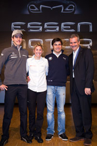 Essen Motor Show 2012: DTM-Fahrer Christian Vietoris (Mercedes), Rahel Frey (Audi), Bruno Spengler (BMW) und BMW-Motorsportdirektor Marquardt