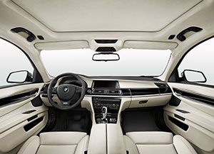 BMW 7er Limousine Langversion - Innenraum, Leder Merino Feinnarbe Platin - Interieurleiste, Pianolack Schwarz mit Intarsie - Edition Exclusive