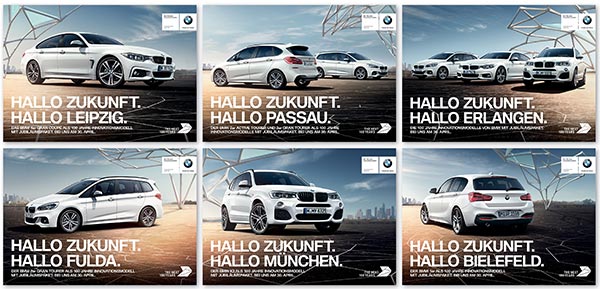 HALLO ZUKUNFT- die Jubiläumskampagne von BMW Deutschland. Anzeige der Handelskommunikation mit Bezug zum Innovationstag am 30. April 2016.