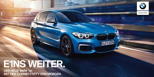 'E1NS WEITER': Deutschland-Kampagne für die neue BMW 1er Reihe. Printmotiv. 