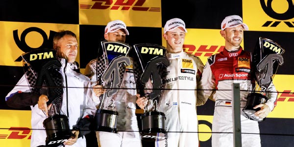 Misano (ITA), 26.08.2018, DTM-Nachtrennen, Podium, Joel Eriksson (SWE) mit Bart Mampaey (BEL), Edoardo Mortara (FRA), Mercedes-AMG Team HWA und Ren Rast (GER), Audi Sport Team Rosberg.