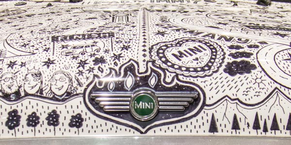 Mini classic Cooper Road to IMM17, Karosse illustriert von Steve Simpson