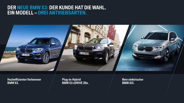 Der neue BMW X3: Der Kunde hat die Wahl. Ein Modell - drei Antriebsvarianten.