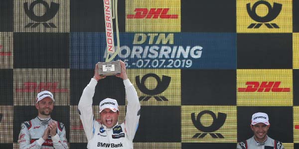 Norisring, 07.07.2019. DTM Rennen 8. Siegerpodest (v.l.n.r.) mit Jamie Green (GBR), Gewinner Bruno Spengler (CAN) und Mike Rockenfeller.
