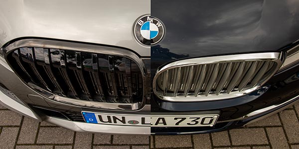 BMW 7er (G11/G12), links das Faceliftmodell mit der deutlich vergrößerten Niere und größerem BMW Logo auf der Haube
